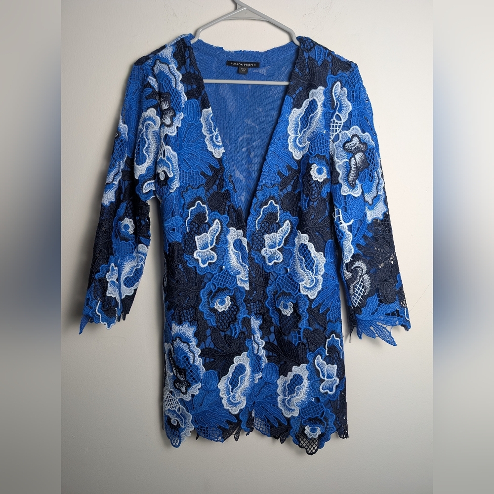 Boston Proper Jacket Duster Cardigan Lace Floral Lined Blue Black Sz M